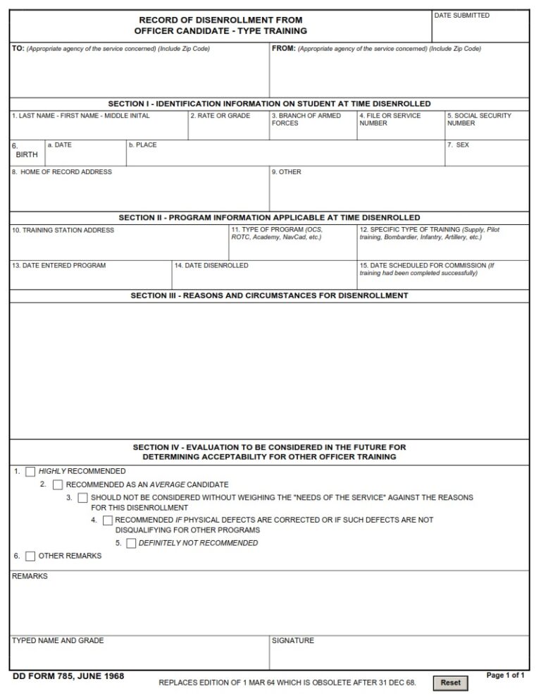 DD Form 785 – Record of Disenrollment from Officer Candidate-Type ...