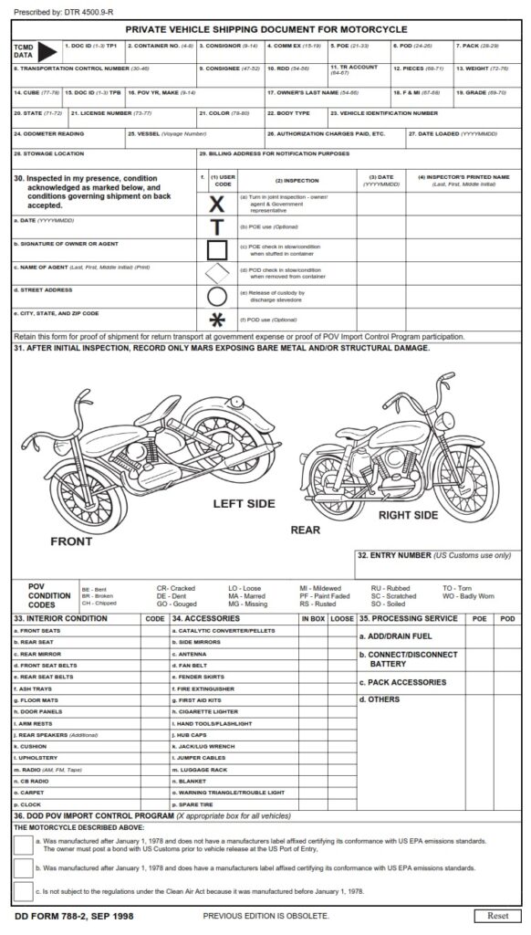 DD Form 788-2 – Private Vehicle Shipping Document for Motorcycle - DD Forms