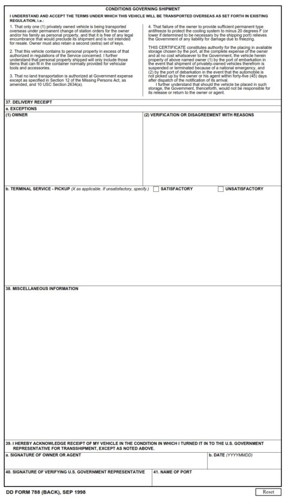 Dd Form 788 Private Vehicle Shipping Document For Automobile Dd Forms