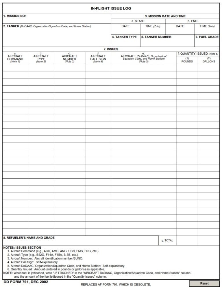 DD Form 791 – DoD In-Flight Issue Log - DD Forms