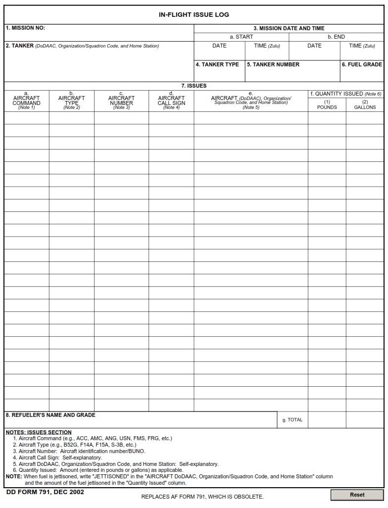 DD Form 791 DoD In Flight Issue Log DD Forms