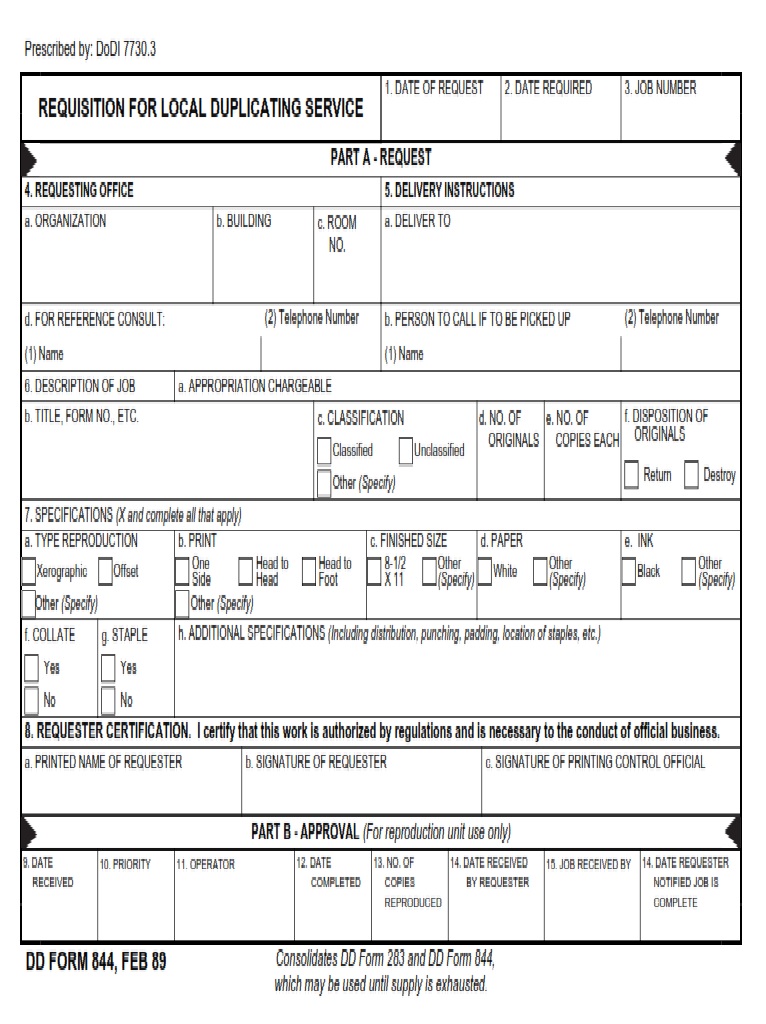 DD Form 844 Requisition For