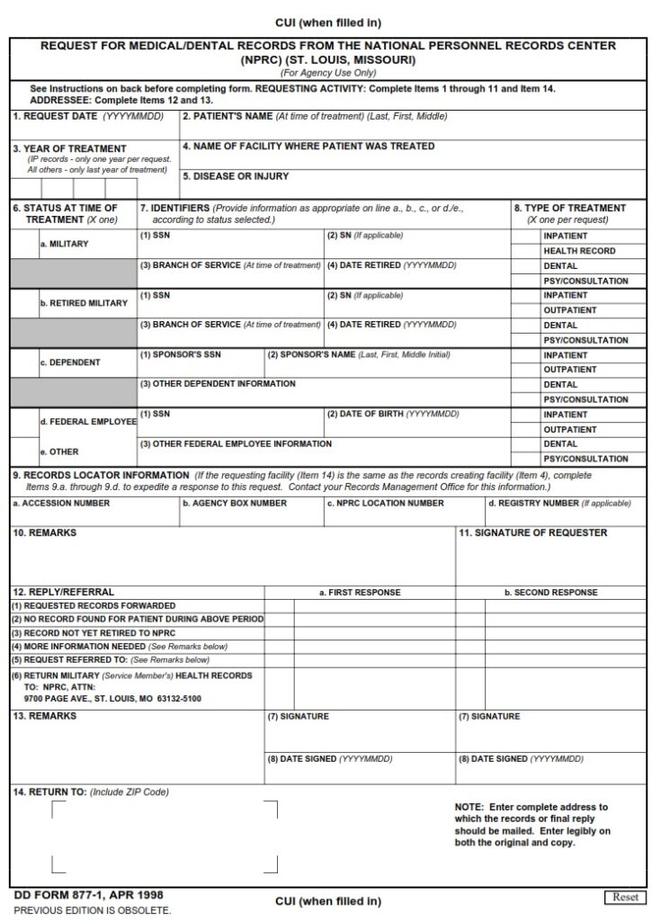 DD Form 877-1 – Request for Medical/Dental Records from the National ...