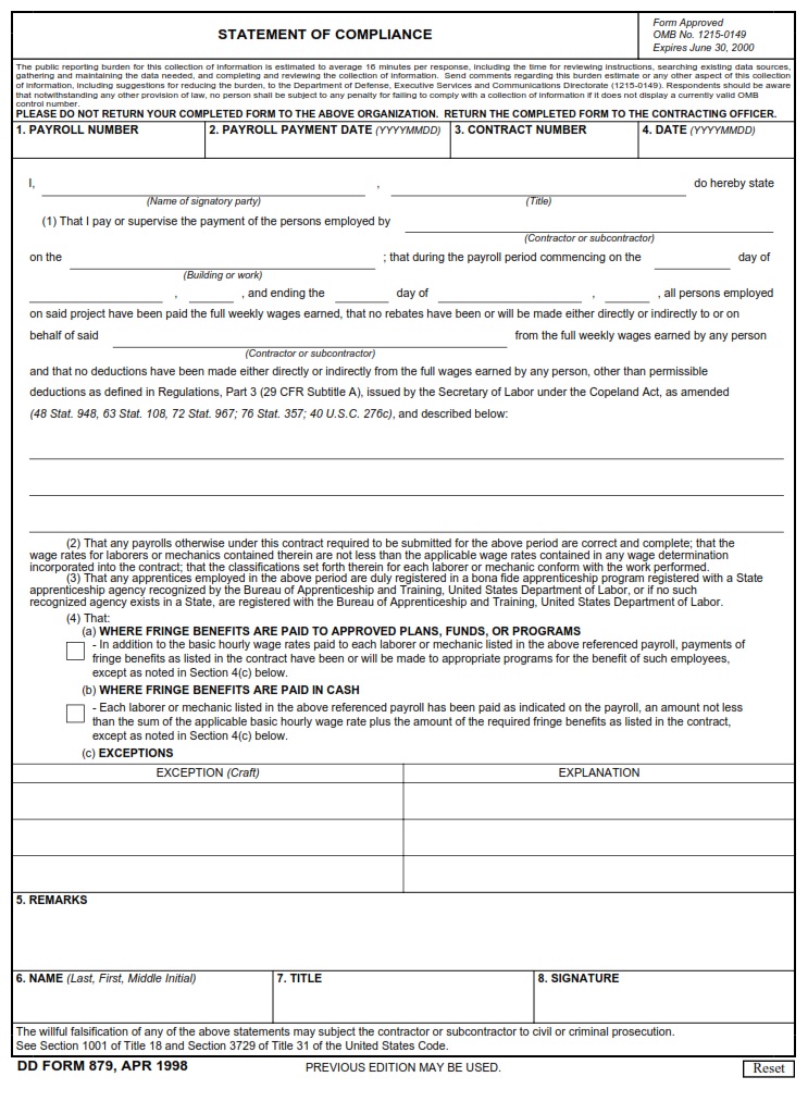 DD Form 879 Statement Of Compliance DD Forms
