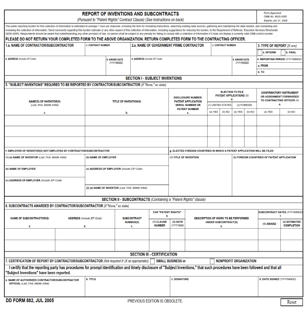 DD Form 882 Report Of Inventions And Subcontracts DD Forms