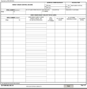 DD Form 885 – Money Order Control Record - DD Forms