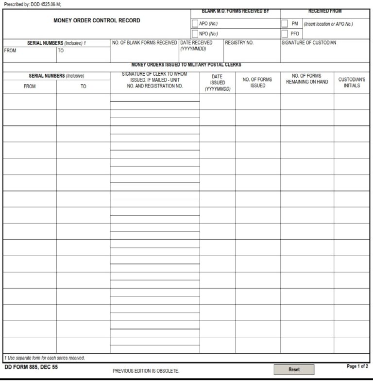 DD Form 885 – Money Order Control Record - DD Forms