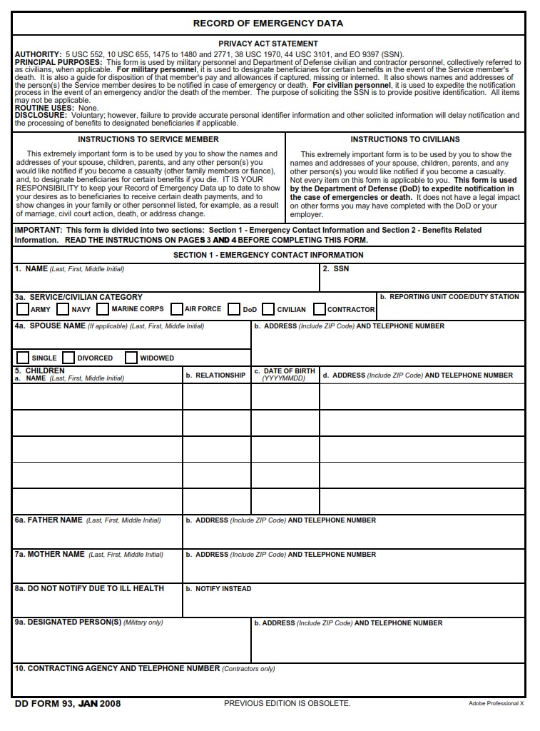 DD Form 93 Record Of Emergency Data DD Forms