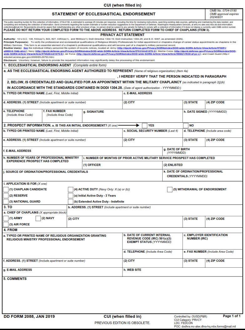 DD Form 2088 Statement Of Ecclesiastical Endorsement DD Forms