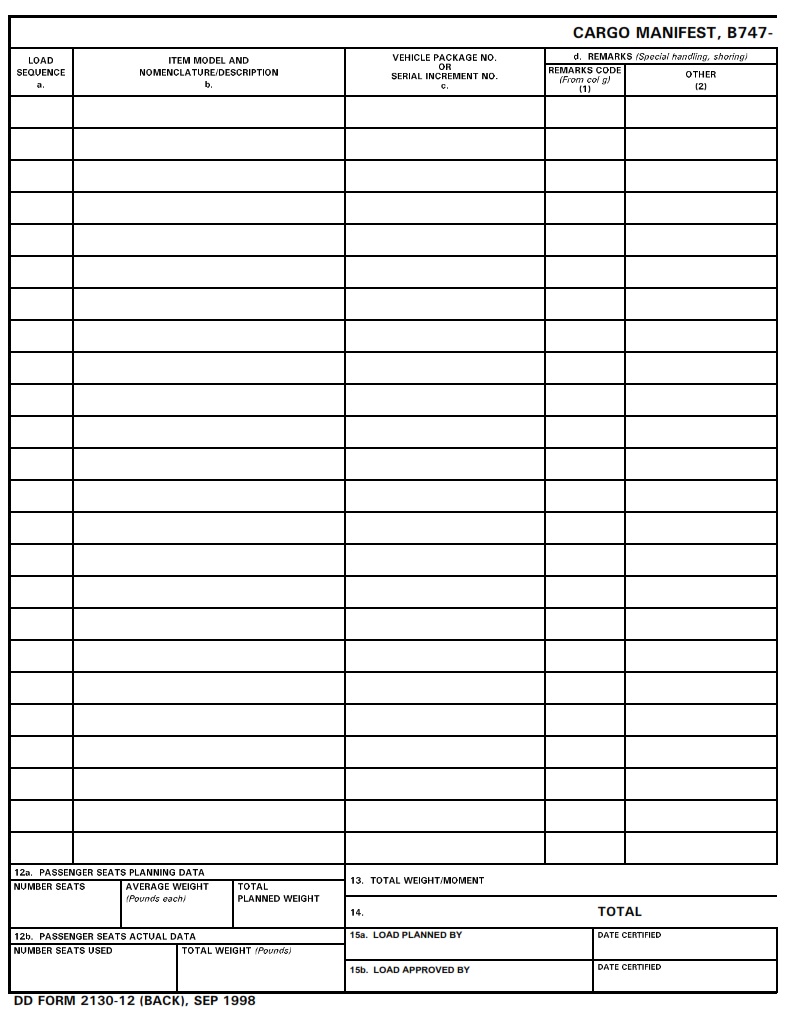 DD Form 2130 12 B747 100F 200C 200F Cargo Manifest DD Forms