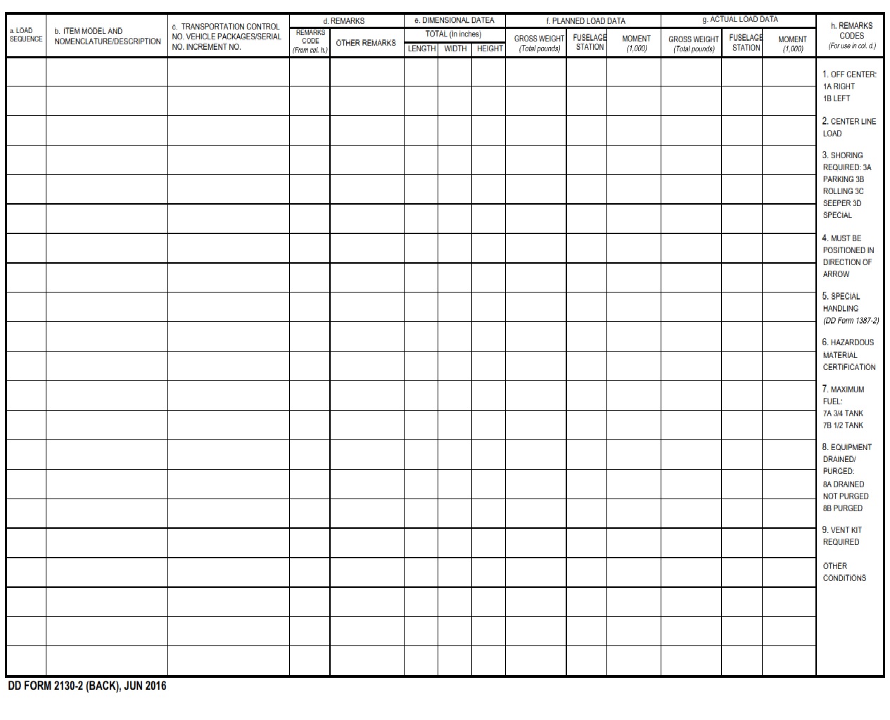 DD Form 2130 2 C 130 E H J Load Plan DD Forms