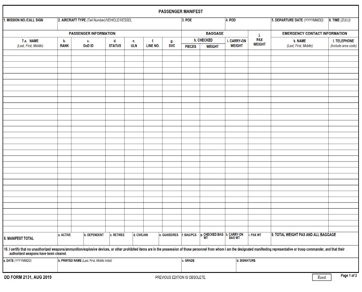 DD Form 2131 – Passenger Manifest - DD Forms