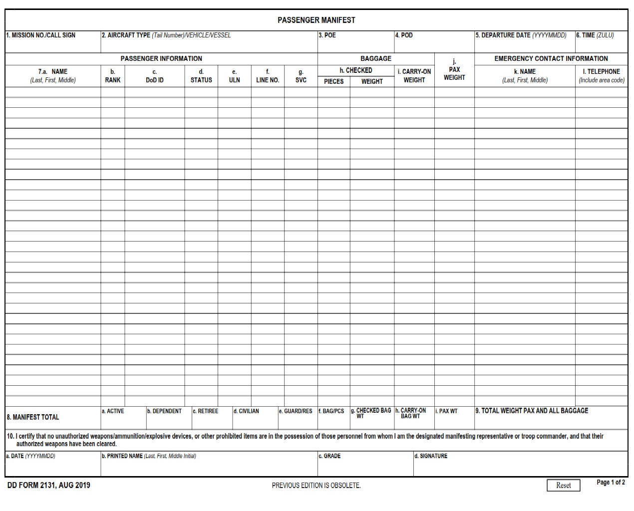 DD Form 2131 Passenger Manifest DD Forms