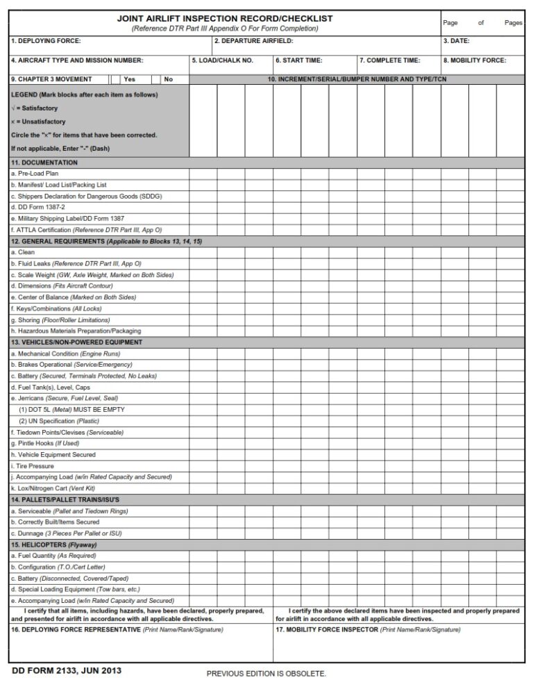 DD Form 2133 – Joint Airlift Inspection Record/Checklist - DD Forms