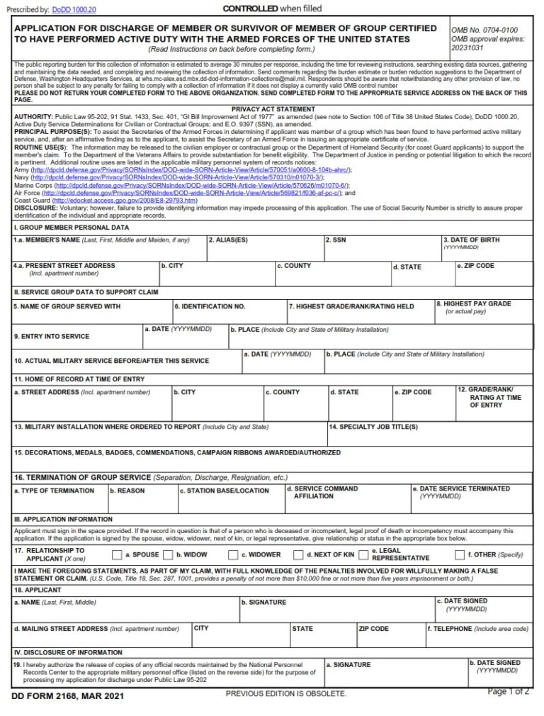 DD Form 2168 – Application for Discharge of Member or Survivor of ...