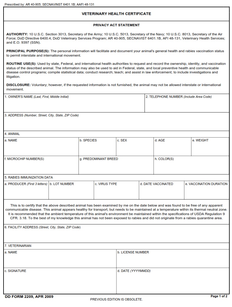 DD Form 2209 Veterinary Health Certificate DD Forms