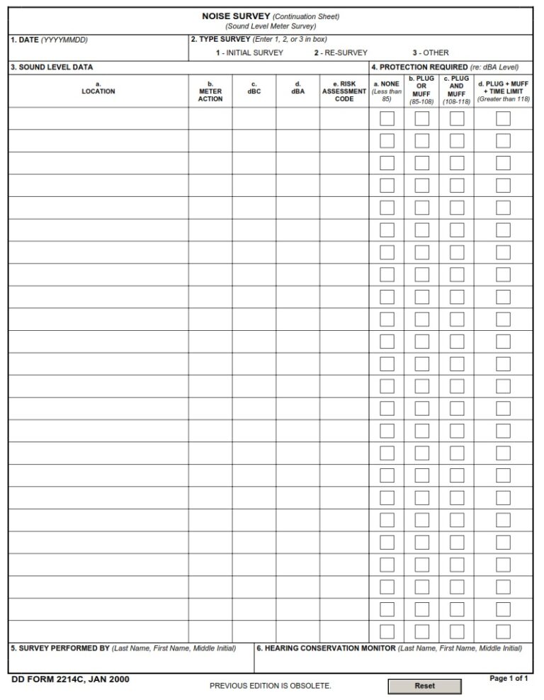 DD Form 2214C – Noise Survey Continuation Sheet - DD Forms