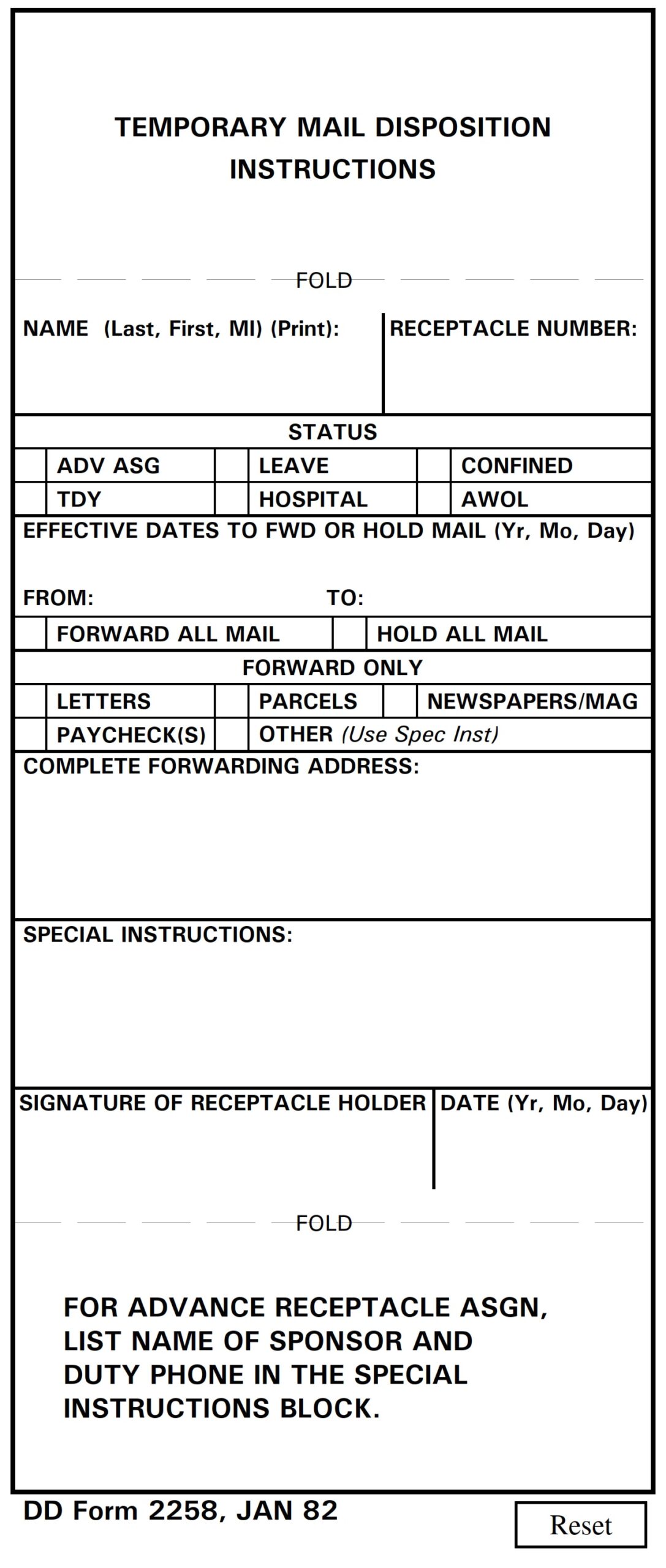 DD Form 2258 Temporary Mail Disposition Instructions DD Forms