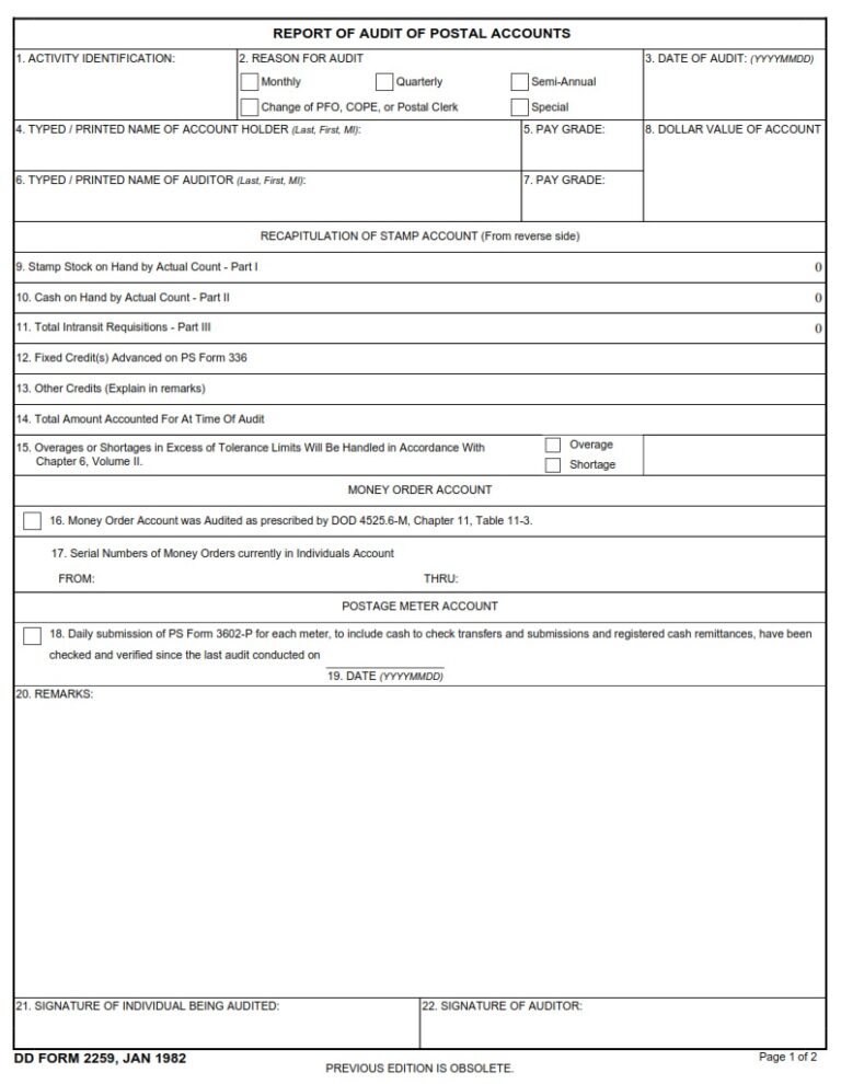 DD Form 2259 – Report of Audit of Postal Accounts - DD Forms