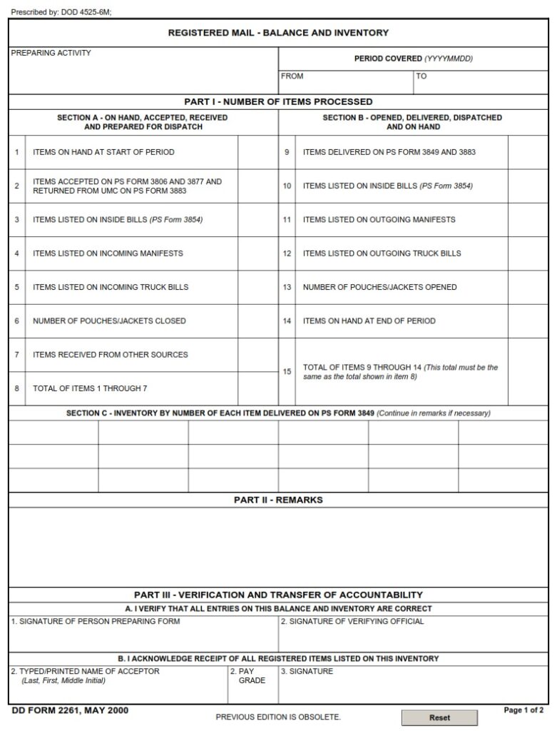 DD Form 2261 – Registered Mail – Balance and Inventory - DD Forms