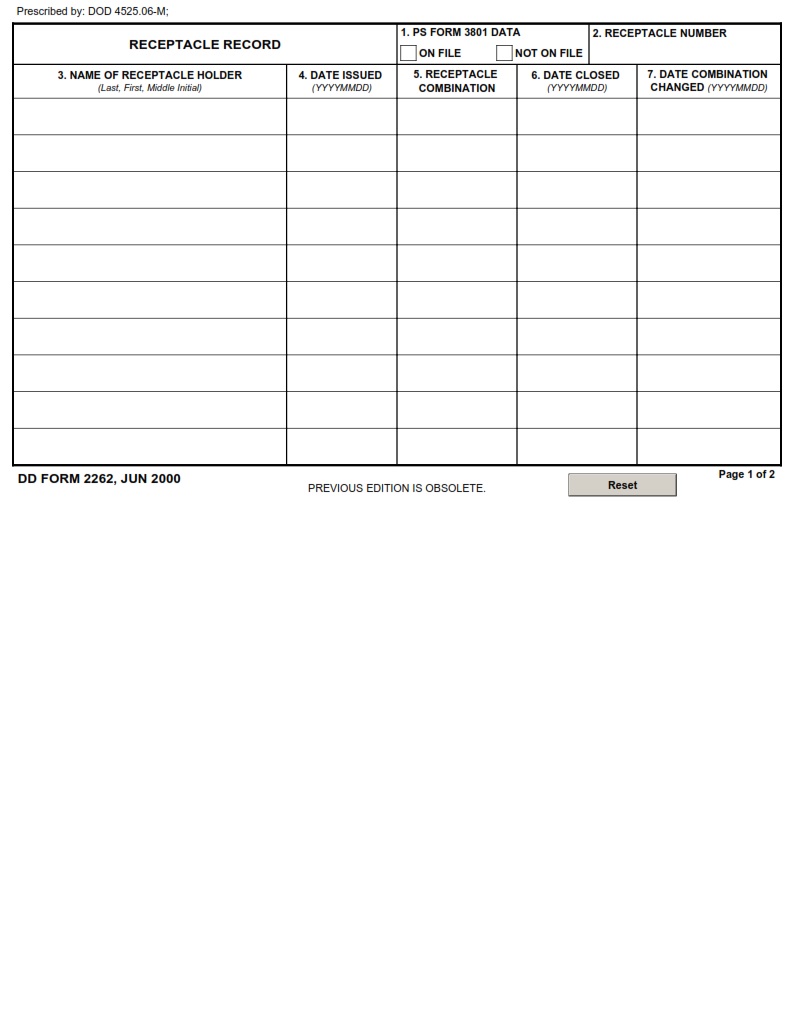 DD Form 2262 Receptacle Record DD Forms