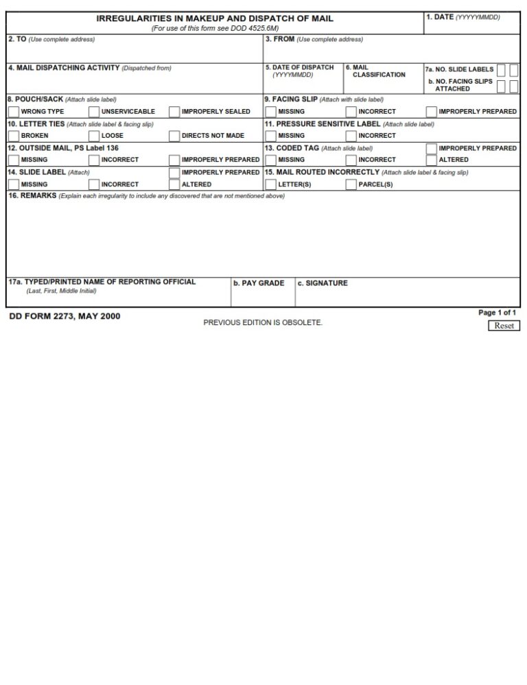 DD Form 2273 – Irregularities in Makeup and Dispatch of Mail - DD Forms