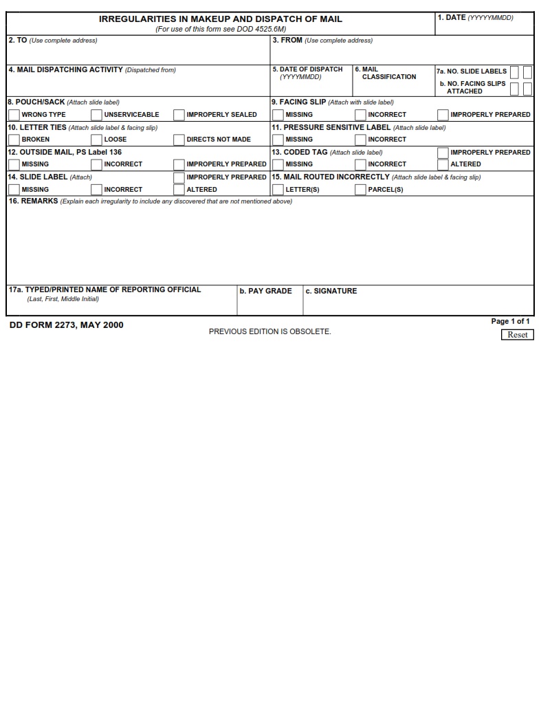 DD Form 2273 Irregularities In Makeup And Dispatch Of Mail DD Forms