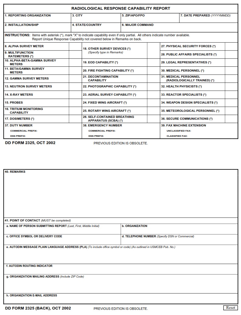 DD Form 2325 Radiological Response Capability Report DD Forms