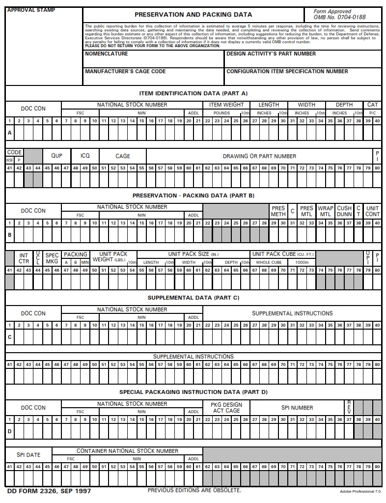 DD Form 2326 Preservation And Packing Data DD Forms