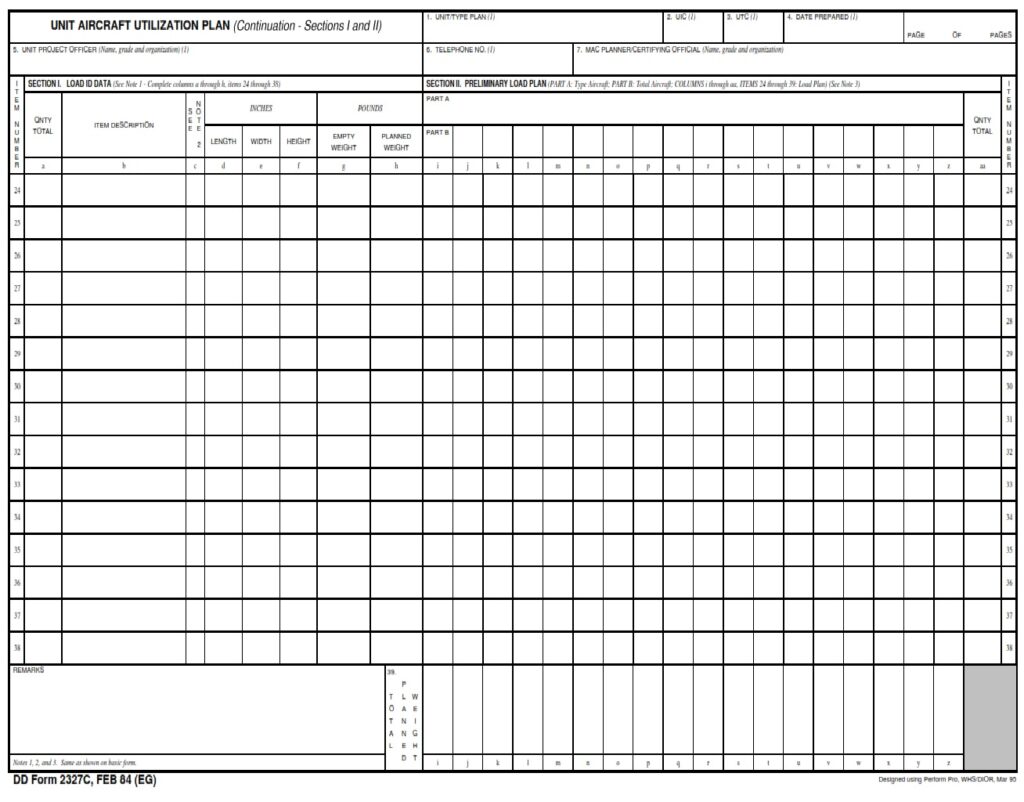 DD Form 2327C Aircraft Utilization Plan, Unit (Continuation) DD Forms