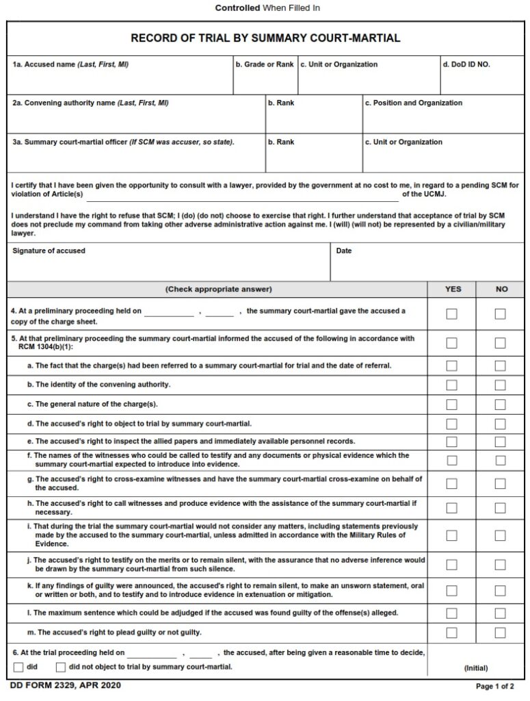 DD Form 2329 – Record of Trial by Summary Court-Martial - DD Forms