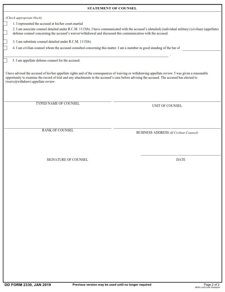 DD Form 2330 – Waiver/Withdrawal of Appellate Rights in General and ...