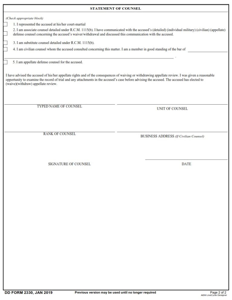 DD Form 2330 Waiver Withdrawal Of Appellate Rights In General And