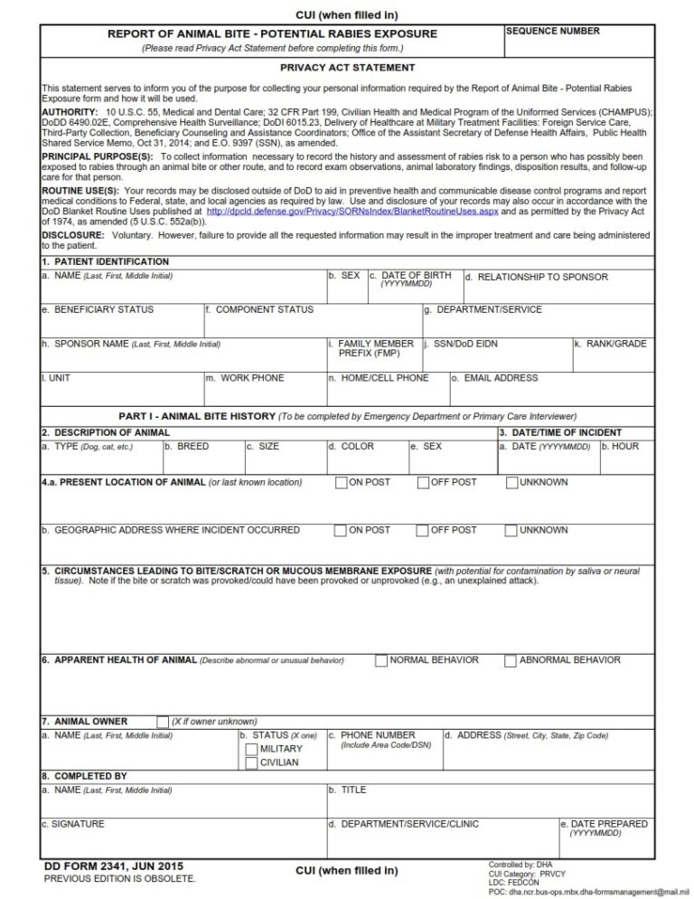 DD Form 2341 – Report of Animal Bite – Potential Rabies Exposure - DD Forms