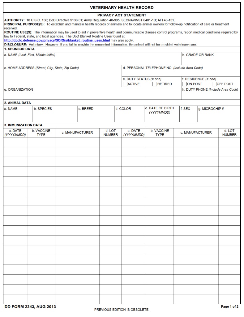 DD Form 2343 Veterinary Health Record DD Forms