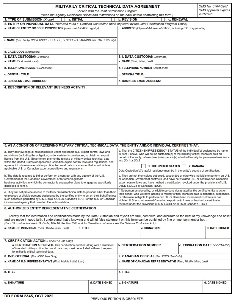 DD Form 2345 Militarily Critical Technical Data Agreement DD Forms
