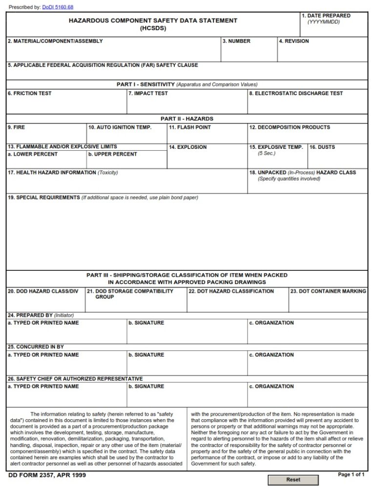 DD Form 2357 – Hazardous Component Safety Data Statement (HCSDS) - DD Forms