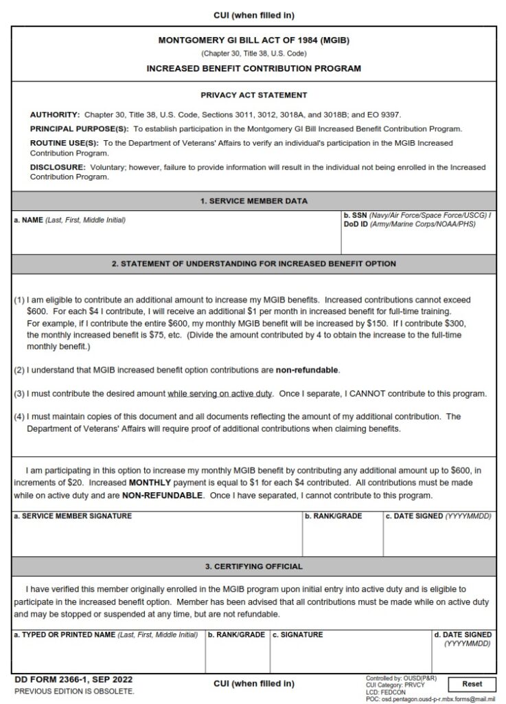 DD Form 2366-1 – Montgomery GI Bill Act of 1984 (MGIB), Increased ...