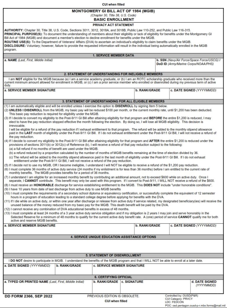 DD Form 2366 Montgomery GI Bill Act of 1984 (MGIB)(Chapter 30, Title 38 U.S. Code) Basic