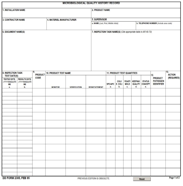Dd Form 2385 – Microbiological Quality History Record Dd Forms