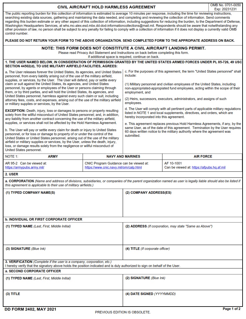 DD Form 2402 Civil Aircraft Hold Harmless Agreement DD Forms