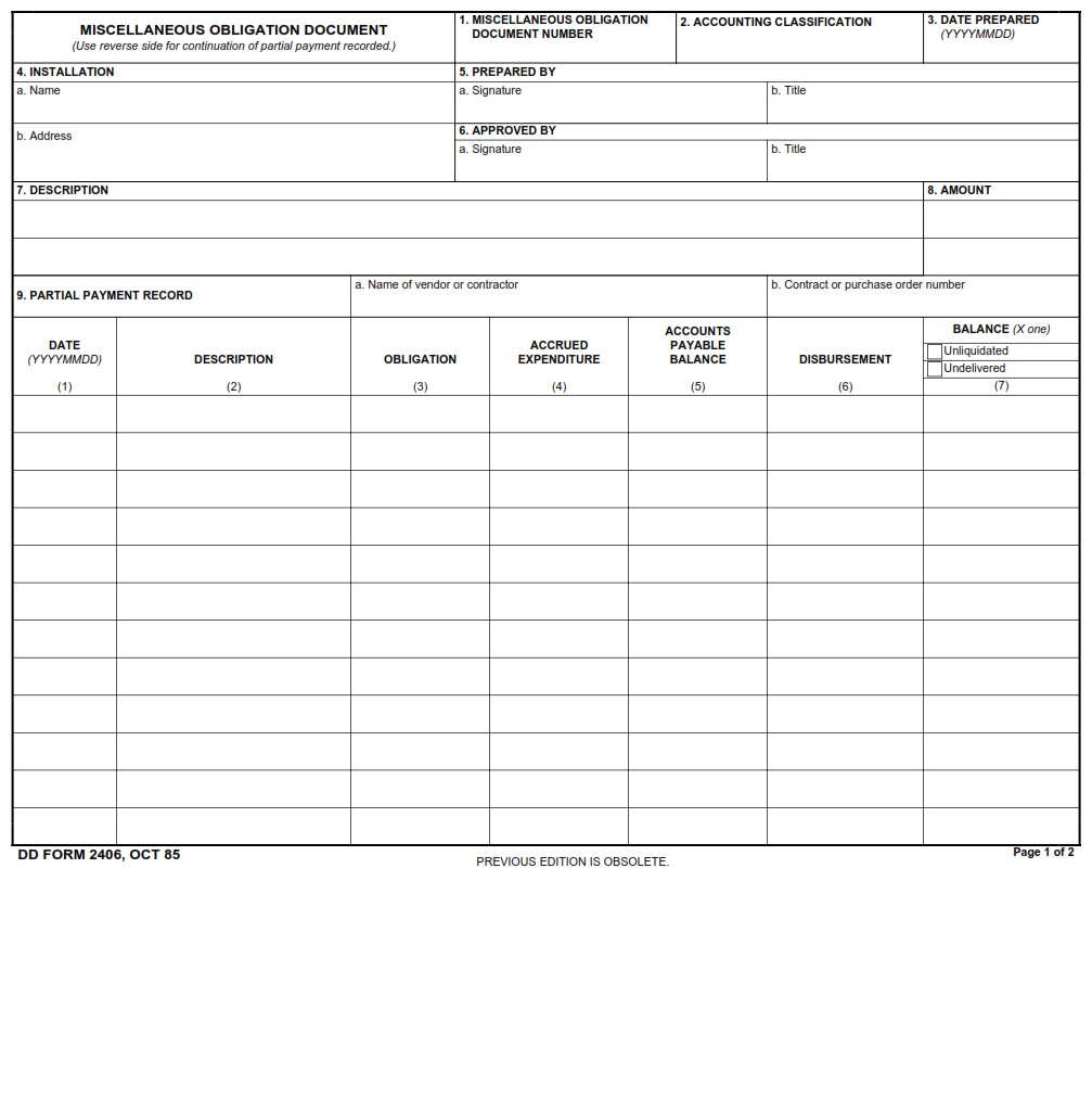 DD Form 2406 Miscellaneous Obligation Document DD Forms