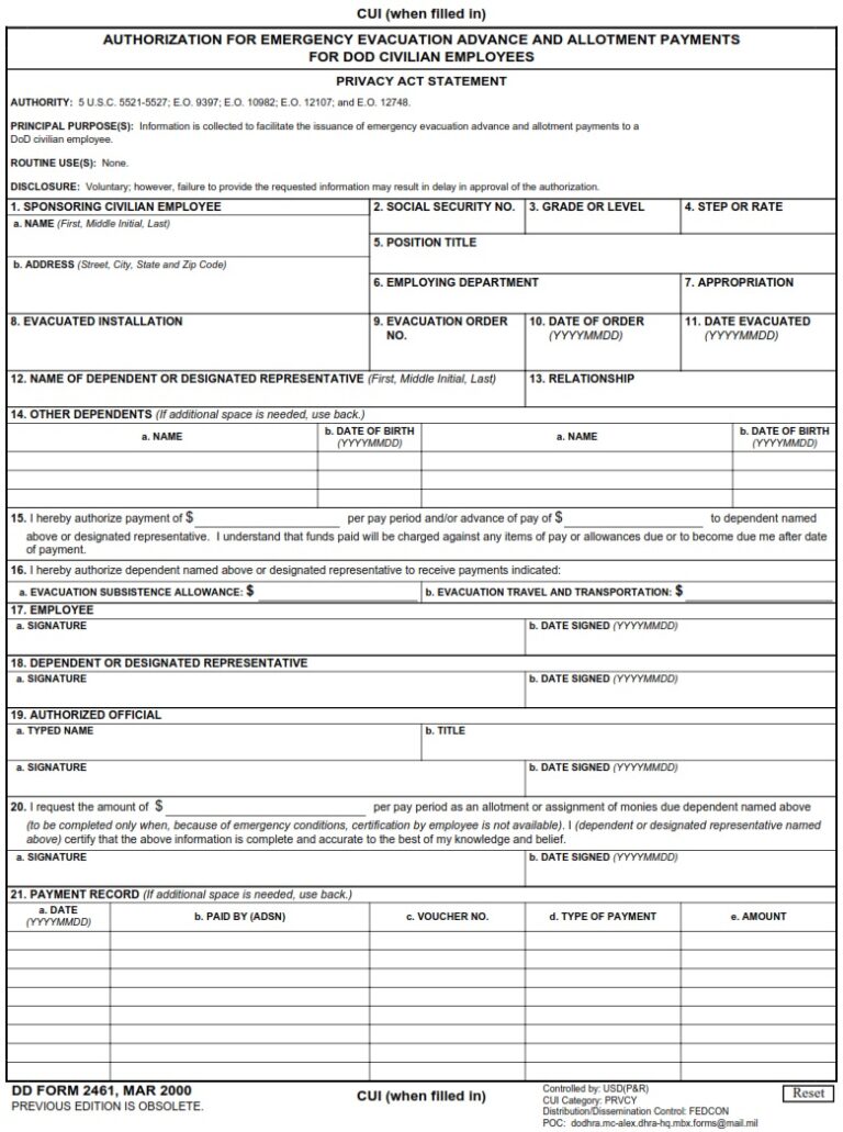 DD Form 2461 – Authorization for Emergency Evacuation Advance and ...