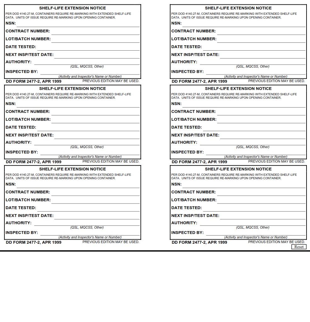 DD Form 2477 2 Shelf Life Extension Notice 5 X 3 DD Forms
