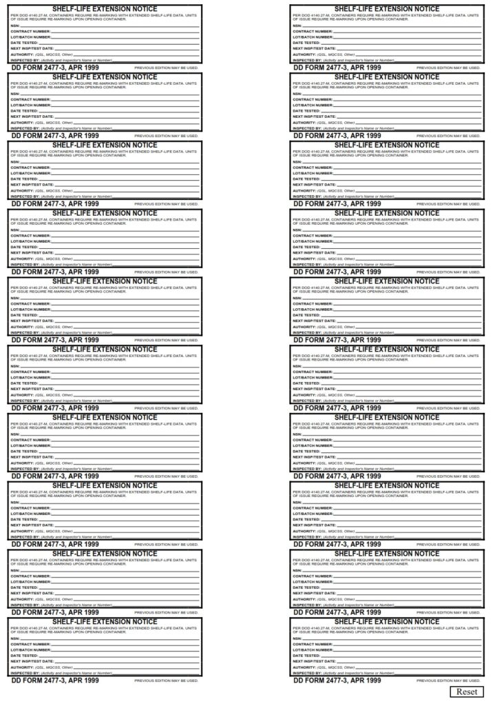 DD Form 24773 ShelfLife Extension Notice (3″ X 1″) DD Forms