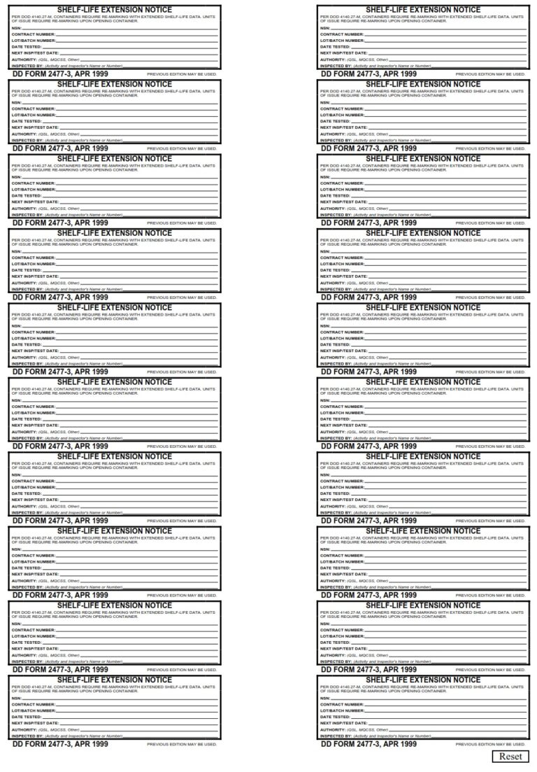 DD Form 2477-3 – Shelf-Life Extension Notice (3″ X 1″) - DD Forms