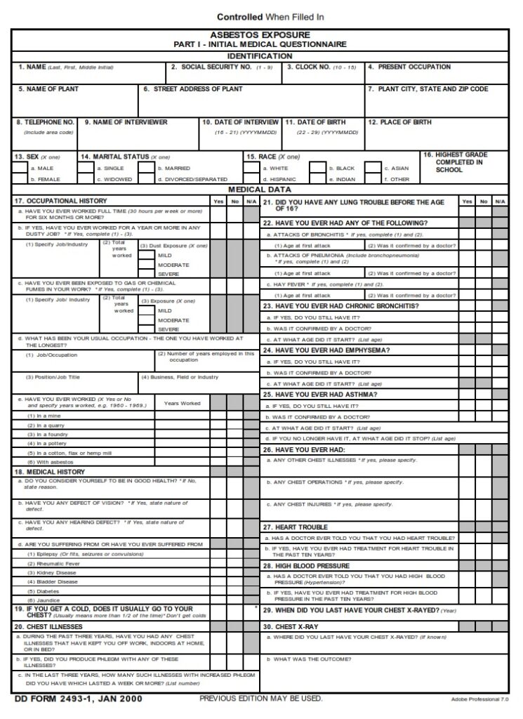 DD Form 2493-1 – Asbestos Exposure Part I – Initial Medical ...