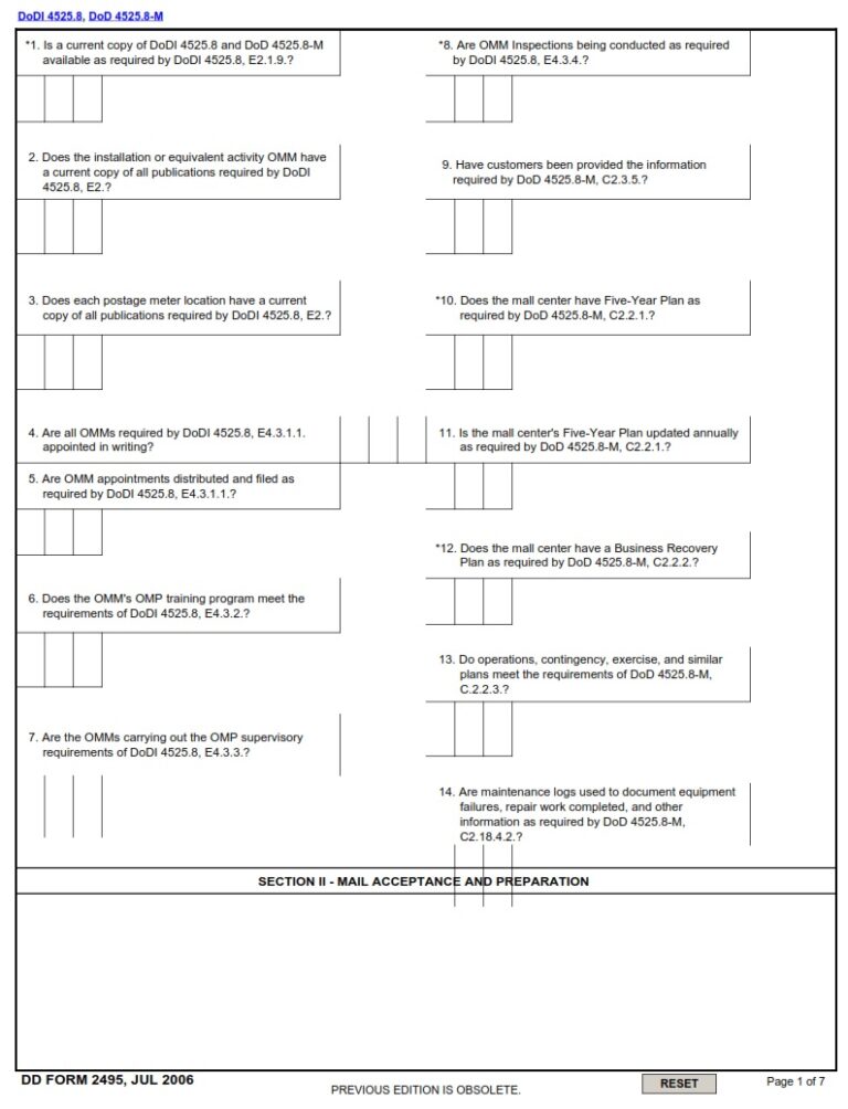 DD Form 2495 – Official Mail Manager’s Inspection Checklist - DD Forms