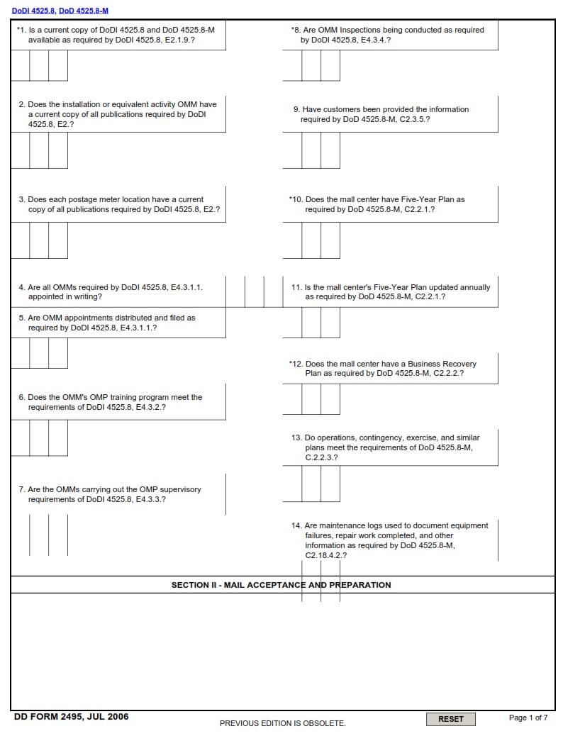 DD Form 2495 Official Mail Manager s Inspection Checklist DD Forms