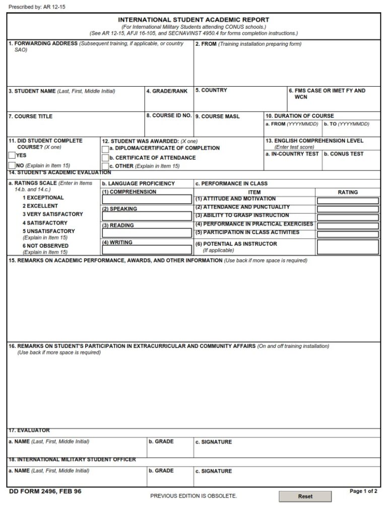 DD Form 2496 – International Student Academic Report - DD Forms